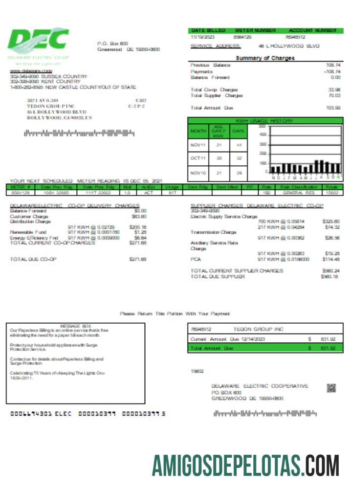 Projeto de lei de negócios de utilidade pública da Delaware Electric Co Op, SCR amostra
